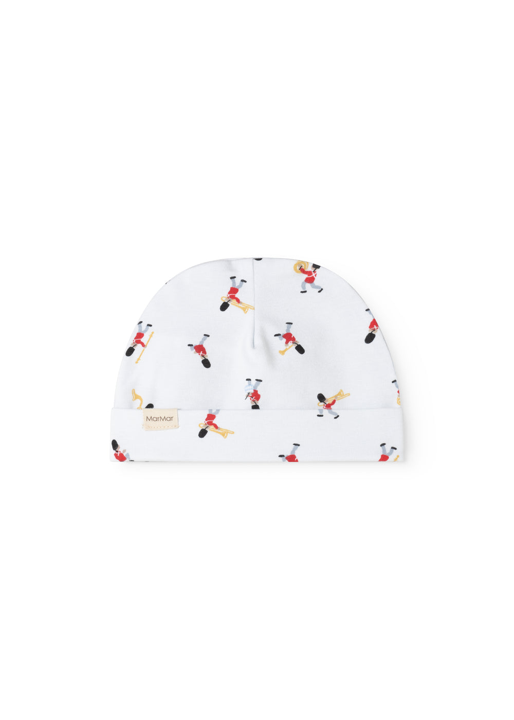 White baby hat with musician pattern all over the front