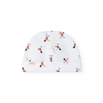 White baby hat with musician pattern all over the front
