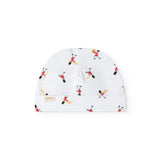 White baby hat with musician pattern all over the front