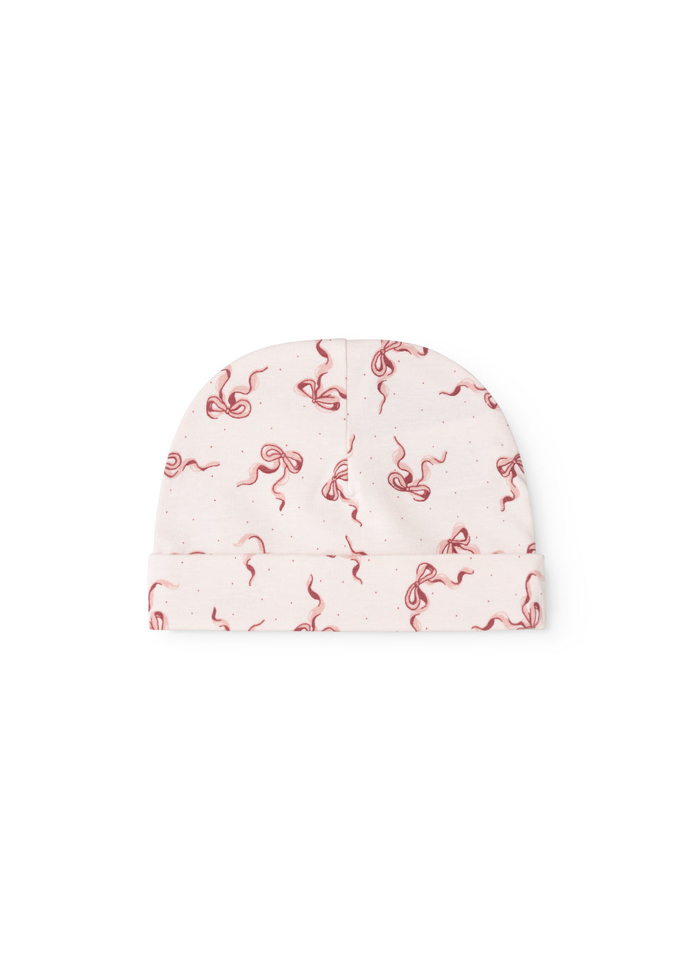 Aiko baby bonnet in light white with red bows, front view