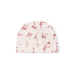 Aiko baby bonnet in light white with red bows, front view