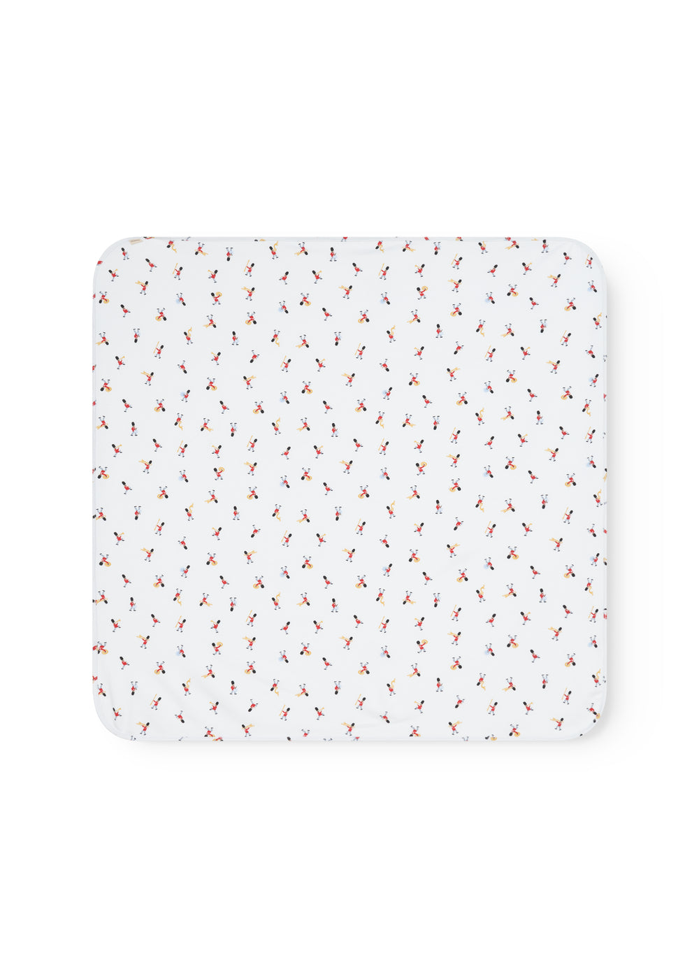 White rug with small repeated musician prints and rounded edge