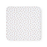 White rug with small repeated musician prints and rounded edge
