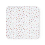 White rug with small repeated musician prints and rounded edge