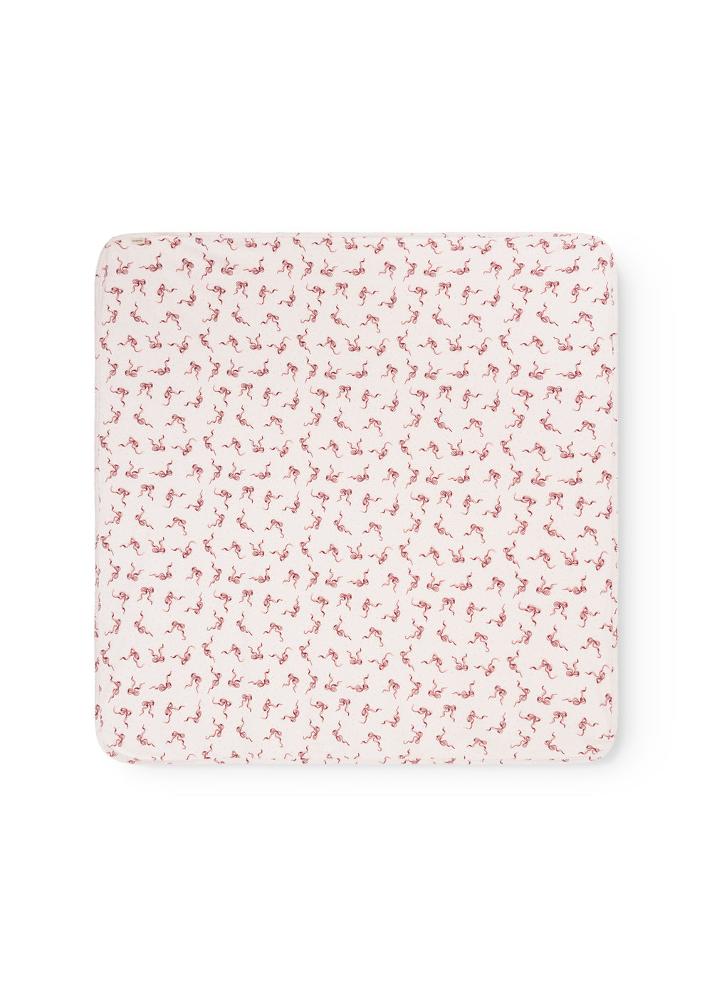 Rectangular rug with border, uniform pink bow pattern on light background