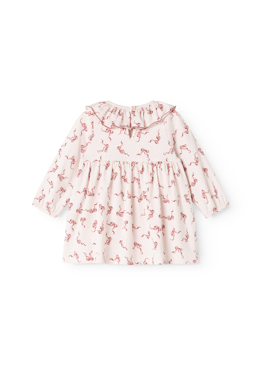 Riva dress with bow print and round neckline, button detail at front