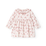 Riva dress with bow print and round neckline, button detail at front