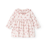 Riva dress with bow print and round neckline, button detail at front