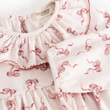 Riva dress, close to neck and sleeve edge with bow print and ruffles