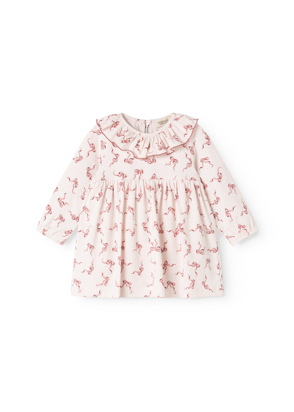 Riva dress with bow print, pink with ruffle trim and long sleeves