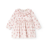 Riva dress with bow print, pink with ruffle trim and long sleeves