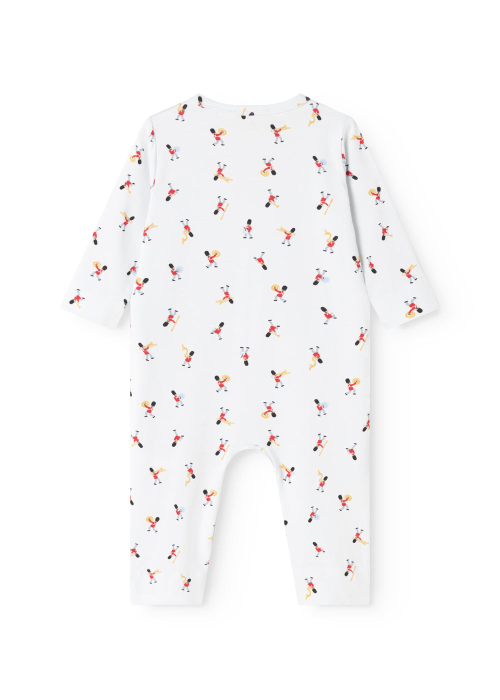 White long-sleeve jumpsuit with musician pattern, round neck and long legs
