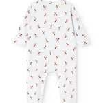 White long-sleeve jumpsuit with musician pattern, round neck and long legs
