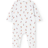 White long-sleeve jumpsuit with musician pattern, round neck and long legs