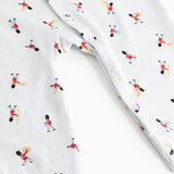 White cotton jumpsuit with musician motif and front button closure