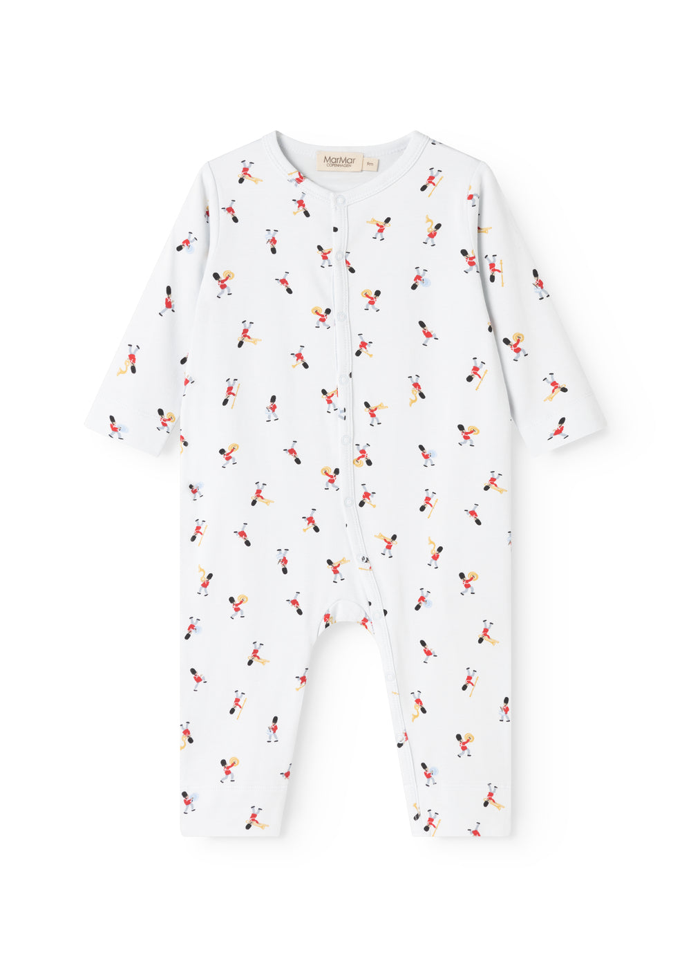 White jumpsuit with long sleeves and legs, round neck, and small musician motifs