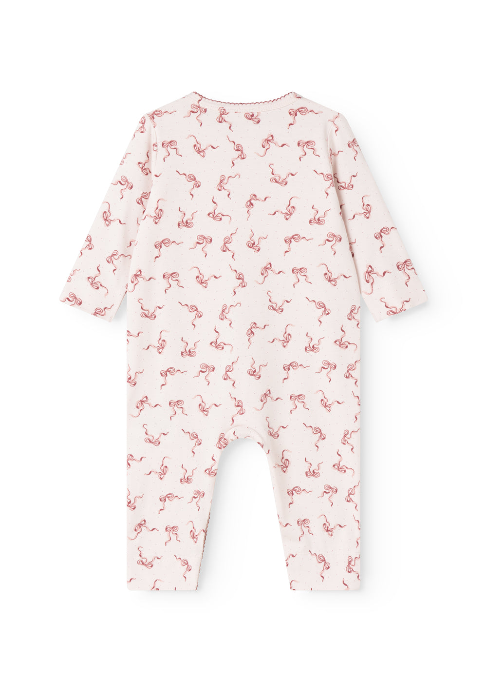 White jumpsuit with pink bow print and long sleeves, round neckline