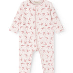 White jumpsuit with pink bow print and long sleeves, front button closure