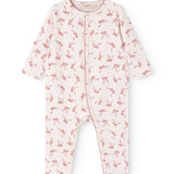 White jumpsuit with pink bow print and long sleeves, front button closure