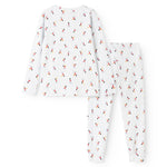 White pajama set with musician print, round neck and long pants