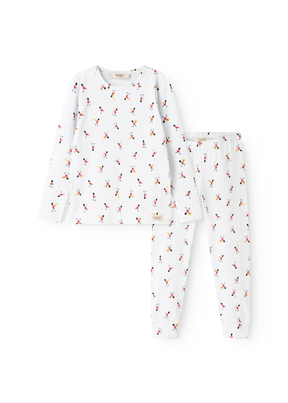 White pajama set with colorful musician print: long-sleeved top and long pants