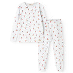 White pajama set with colorful musician print: long-sleeved top and long pants