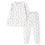 White pajama set with colorful musician print: long-sleeved top and long pants