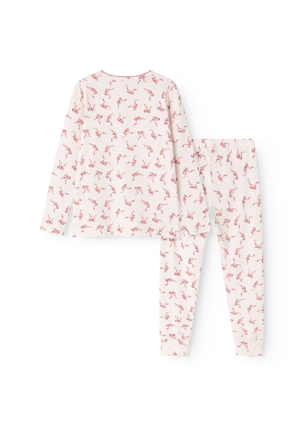 Light pink long-sleeve and pants pajama set with red bow print
