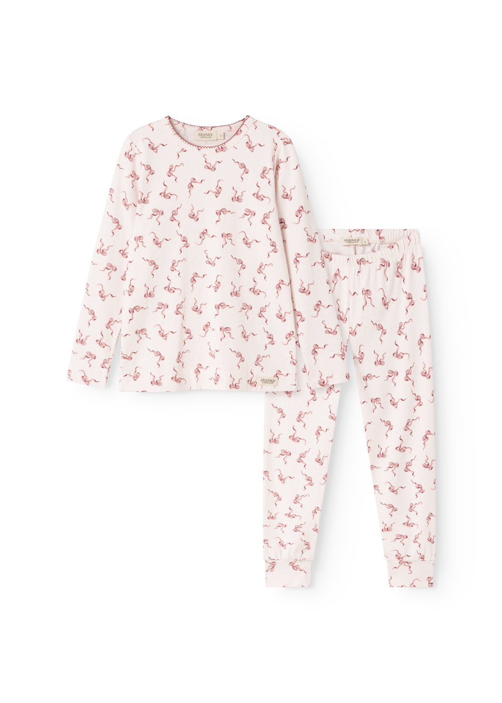 Light pink pajamas set with long sleeves and pants, red bow patterns