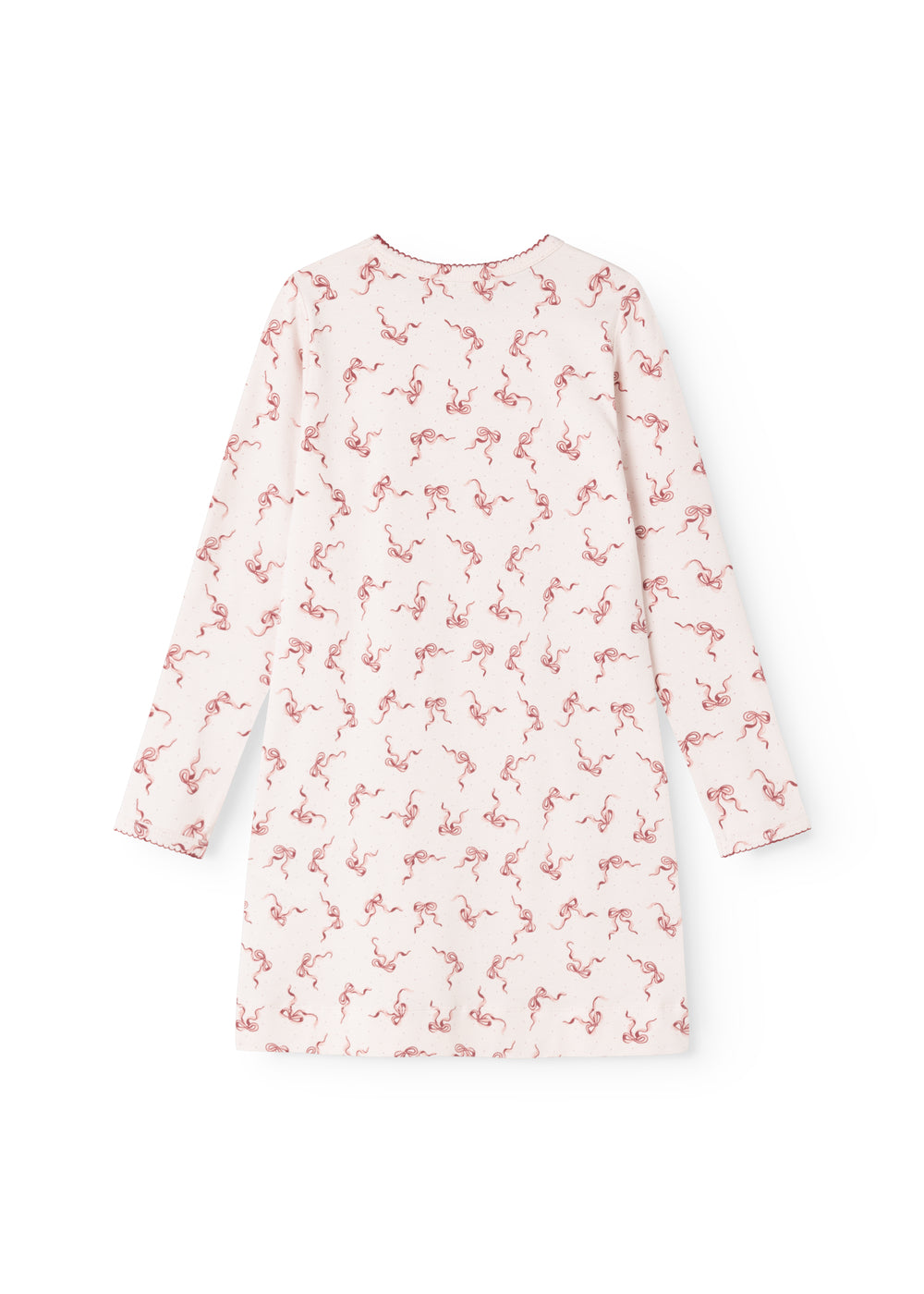 Nightdress with long sleeves and red bow print on light background
