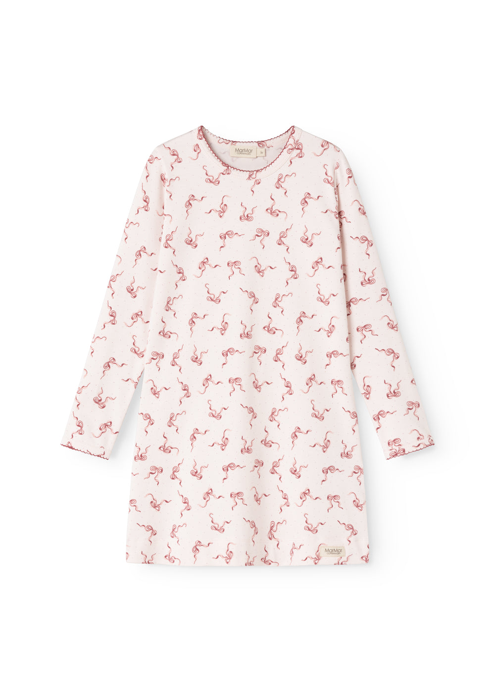 Nightgown in light color with long sleeves and red bow pattern