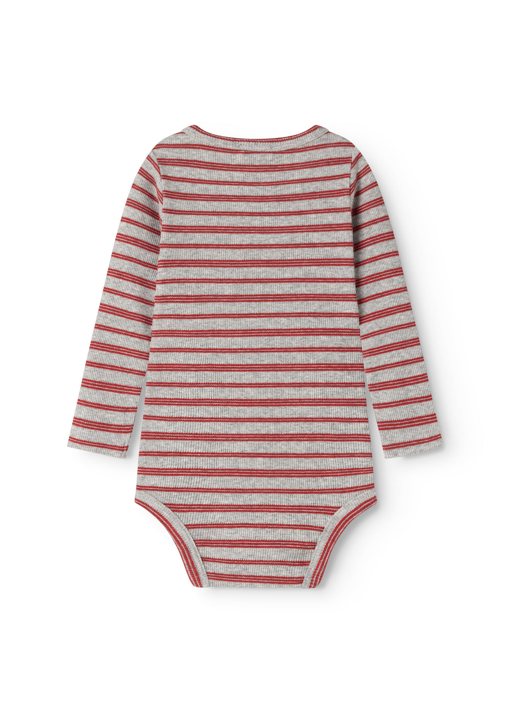 Bodystocking in gray and cherry red stripes with long sleeves, back view