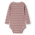 Bodystocking in gray and cherry red stripes with long sleeves, back view
