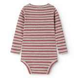 Bodystocking in gray and cherry red stripes with long sleeves, back view