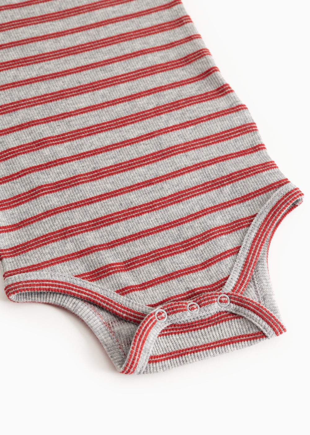 Bodystocking in gray and cherry red stripes with ribbed edges and snap button detail
