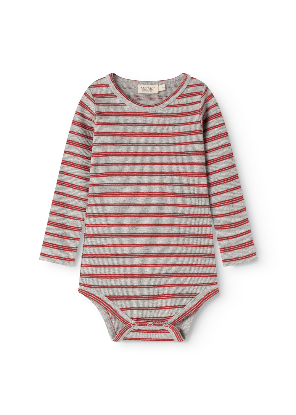 Bodystocking with long sleeves in gray and cherry red stripes with button closure