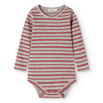 Bodystocking with long sleeves in gray and cherry red stripes with button closure