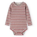 Bodystocking with long sleeves in gray and cherry red stripes with button closure