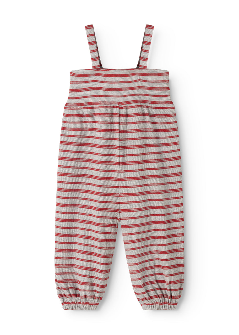 Jumpsuit in gray and red stripes with wide straps and elastic leg openings