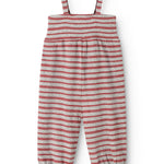 Jumpsuit in gray and red stripes with wide straps and elastic leg openings