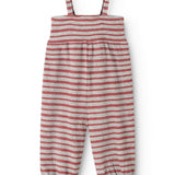 Jumpsuit in gray and red stripes with wide straps and elastic leg openings