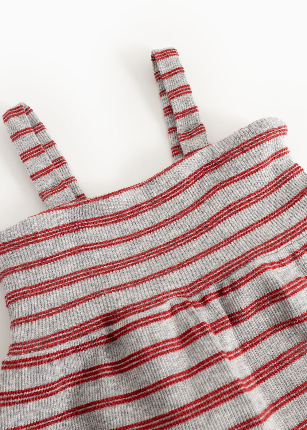 Jumpsuit in gray and red stripes with ruched chest and wide shoulder straps