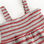 Jumpsuit in gray and red stripes with ruched chest and wide shoulder straps