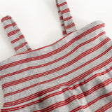 Jumpsuit in gray and red stripes with ruched chest and wide shoulder straps