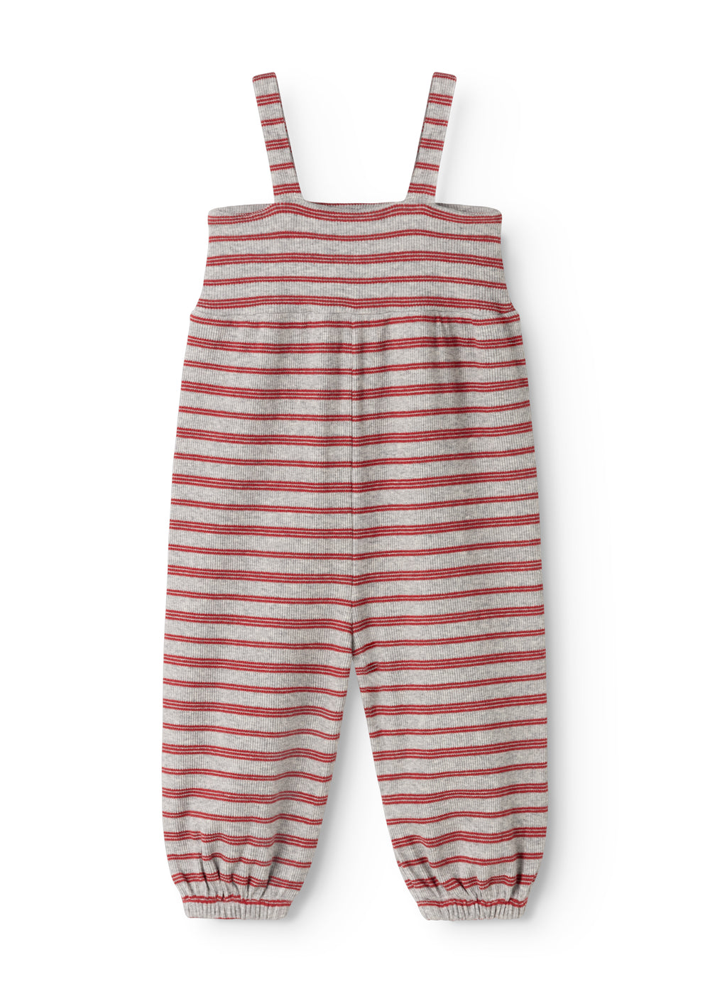 Jumpsuit in gray and red stripes with shoulder straps and long legs