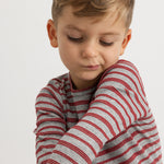 Tani long-sleeved T-shirt with gray base and red stripes, round neck and long sleeves