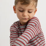 Tani long-sleeved T-shirt with gray base and red stripes, round neck and long sleeves