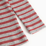 Tani long-sleeve T-shirt in gray with red stripes; visible seam and sleeve edge