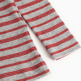 Tani long-sleeve T-shirt in gray with red stripes; visible seam and sleeve edge