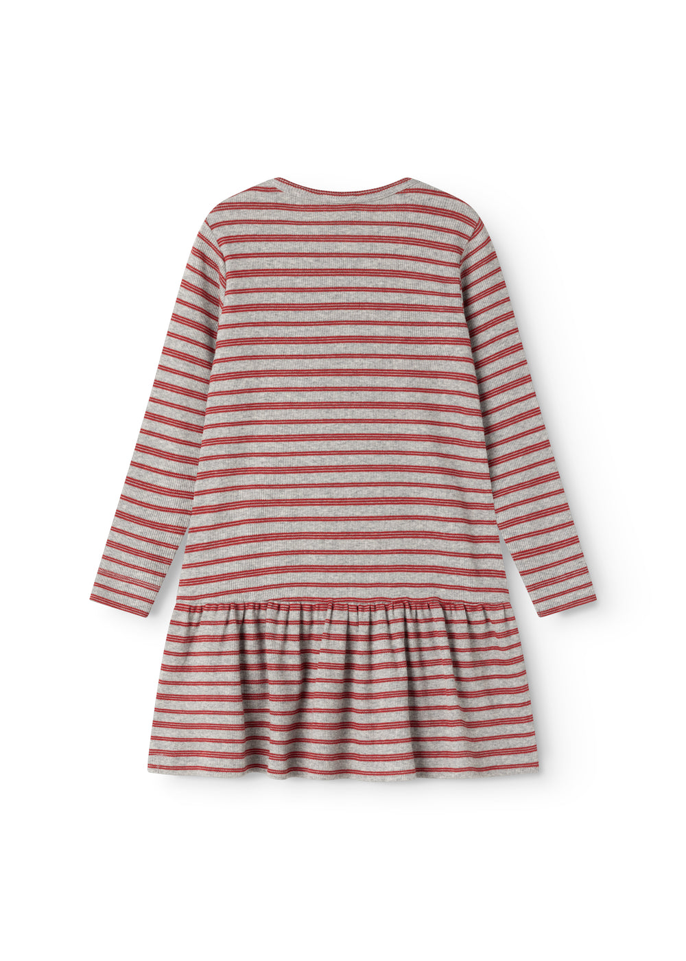 Red and white striped children's dress with long sleeves and gathered skirt